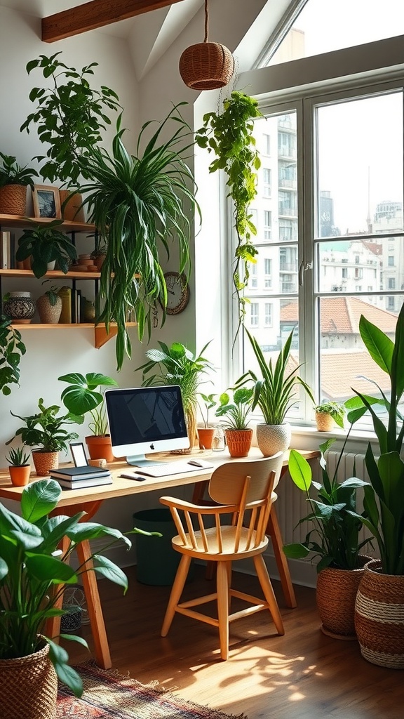 A cozy home office filled with plants, featuring a wooden desk and a computer near large windows that let in natural light.