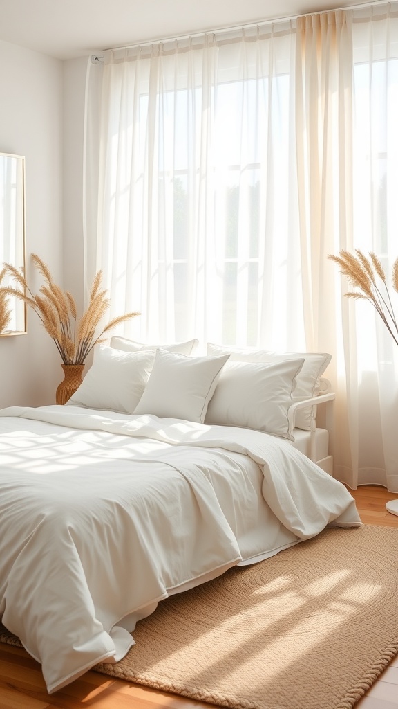 Bright bedroom with large windows, white bedding, and soft fabrics.