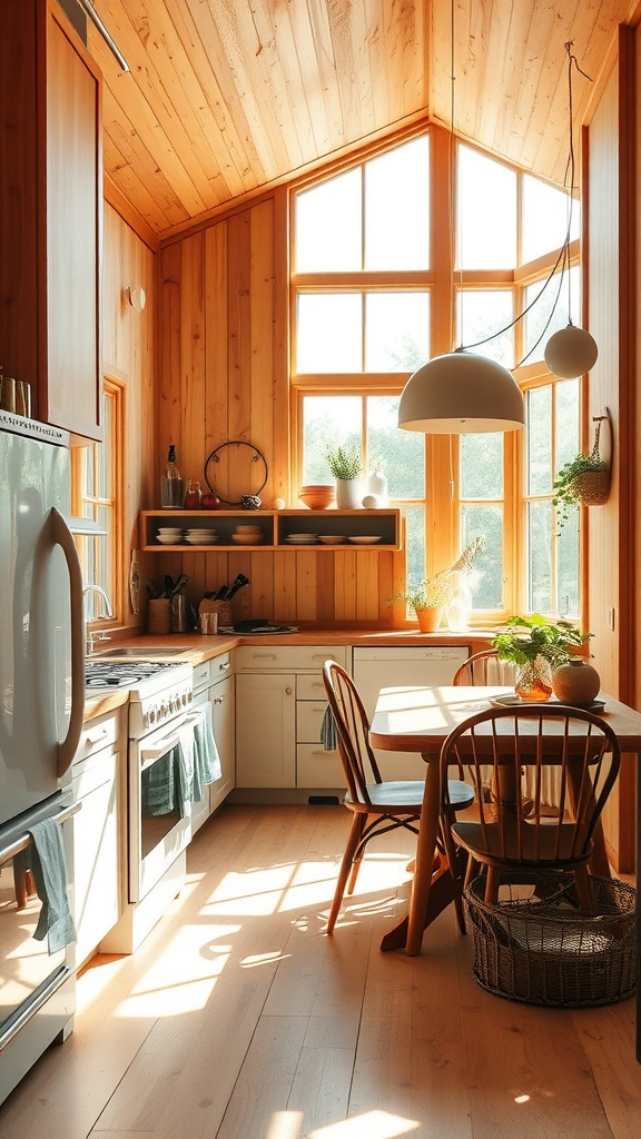 A bright boho kitchen featuring large windows and wooden elements, with plants on display.