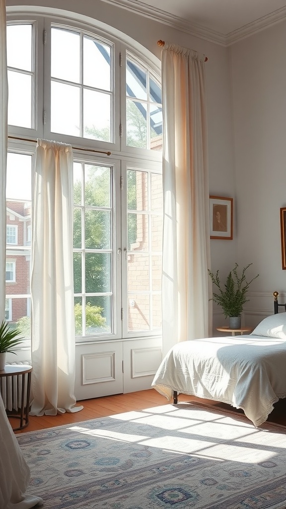 Cozy bedroom with large windows, soft curtains, and a bright atmosphere.