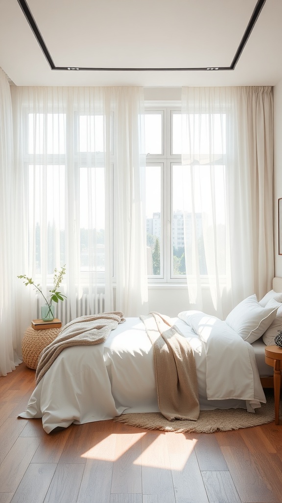 A bright and airy bedroom with large windows and sheer curtains, showcasing a cozy summer aesthetic.