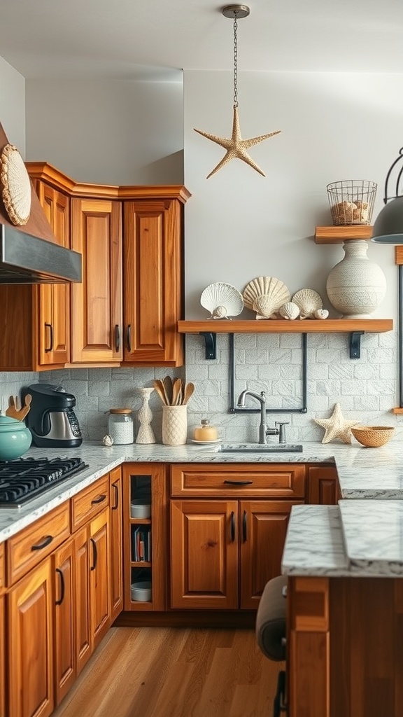 A cozy coastal kitchen featuring wooden cabinets, marble countertops, and beach-themed decor.