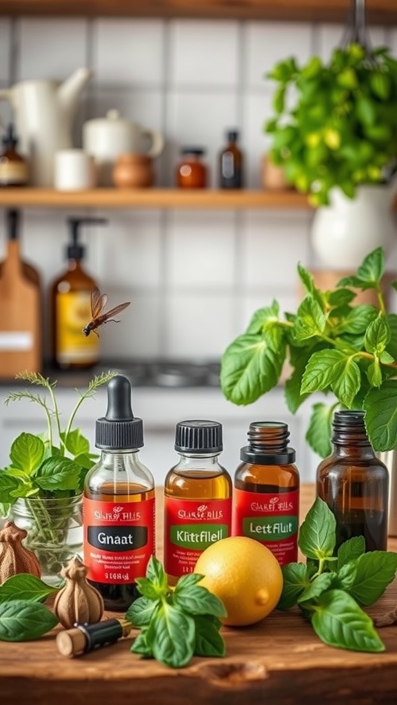 Bottles of essential oils and fresh herbs on a wooden table in a kitchen setting