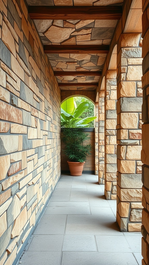 Hallway with natural stone paneling and a potted plant