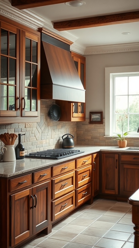 A cozy farmhouse kitchen featuring a natural stone backsplash and rich wooden cabinetry.