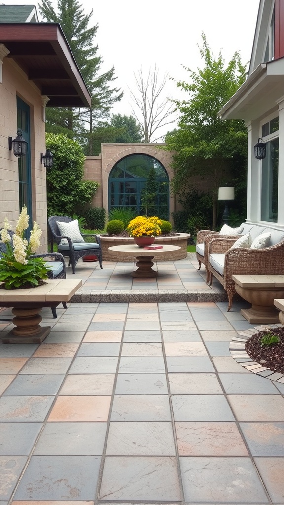 A well-designed paver patio featuring natural stone, surrounded by greenery and seating.