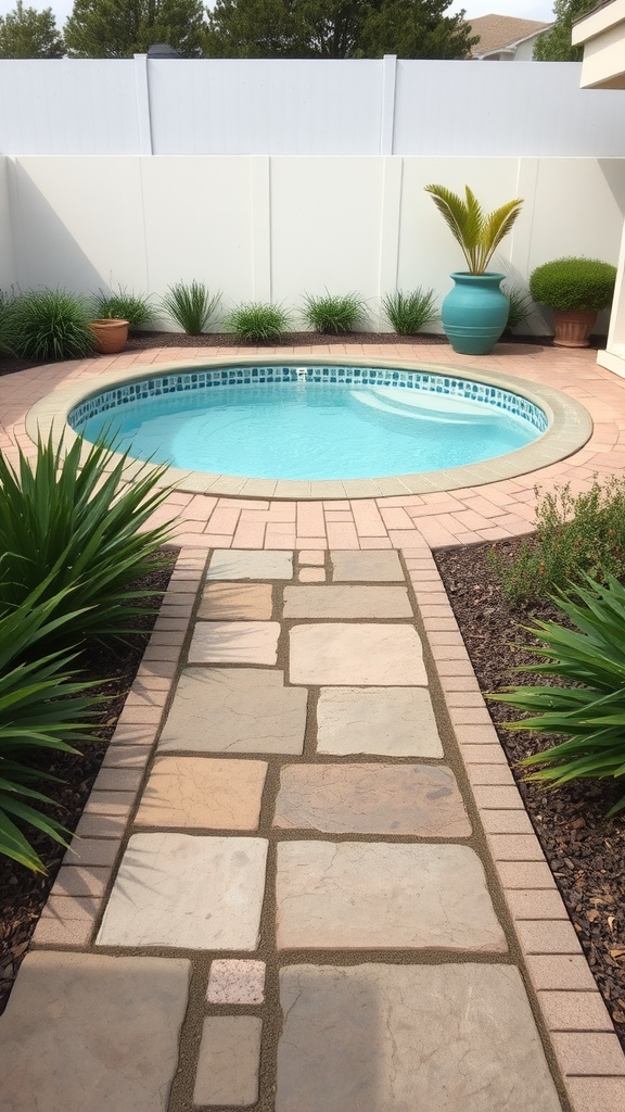 A natural stone pathway leading to a small pool surrounded by greenery.