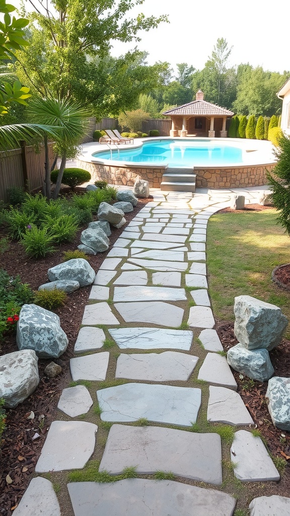 A natural stone pathway leading to a swimming pool, surrounded by greenery and rocks.