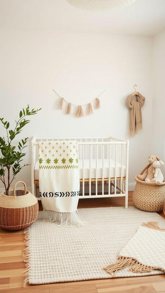 A cozy gender-neutral nursery with a wooden crib, natural textiles, and plants.