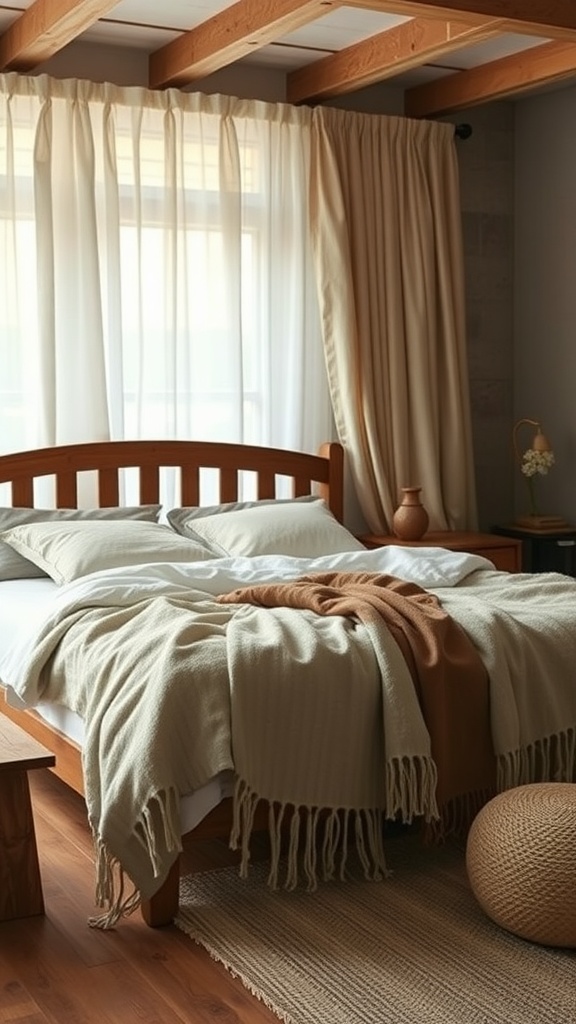 A rustic bedroom with natural textiles, featuring a cozy bed with layered blankets and pillows, soft curtains, and wooden accents.