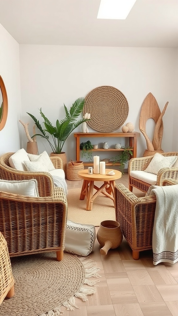 Coastal chic living room with natural textures, featuring rattan furniture, decorative pottery, and plants.