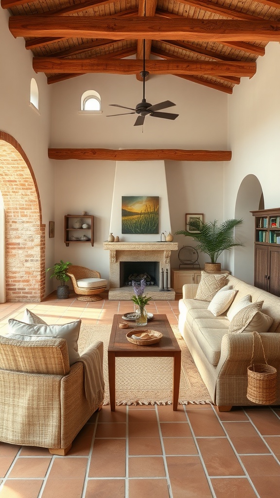 A Mediterranean living room featuring natural textures and materials, including terracotta tiles, wooden beams, and woven furniture.