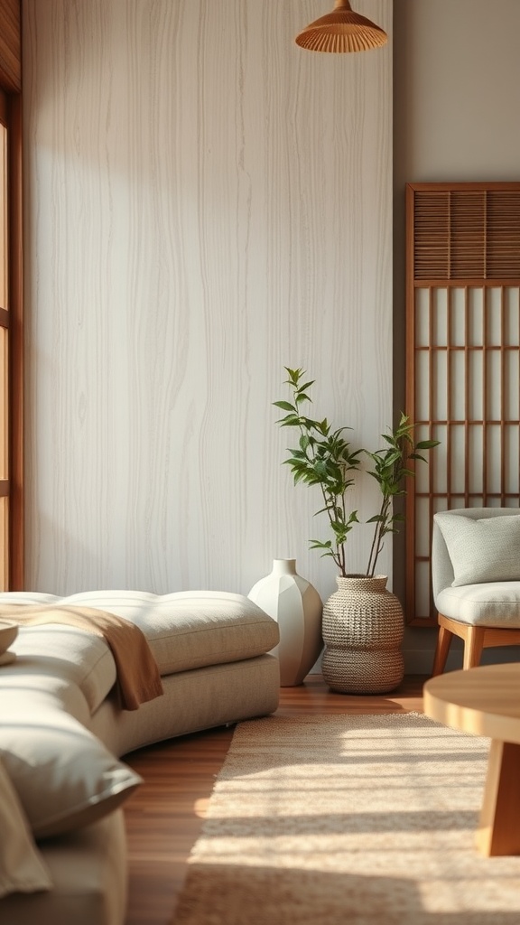 A Japandi living room featuring natural textures and materials, with a beige couch, wooden accents, and a plant.