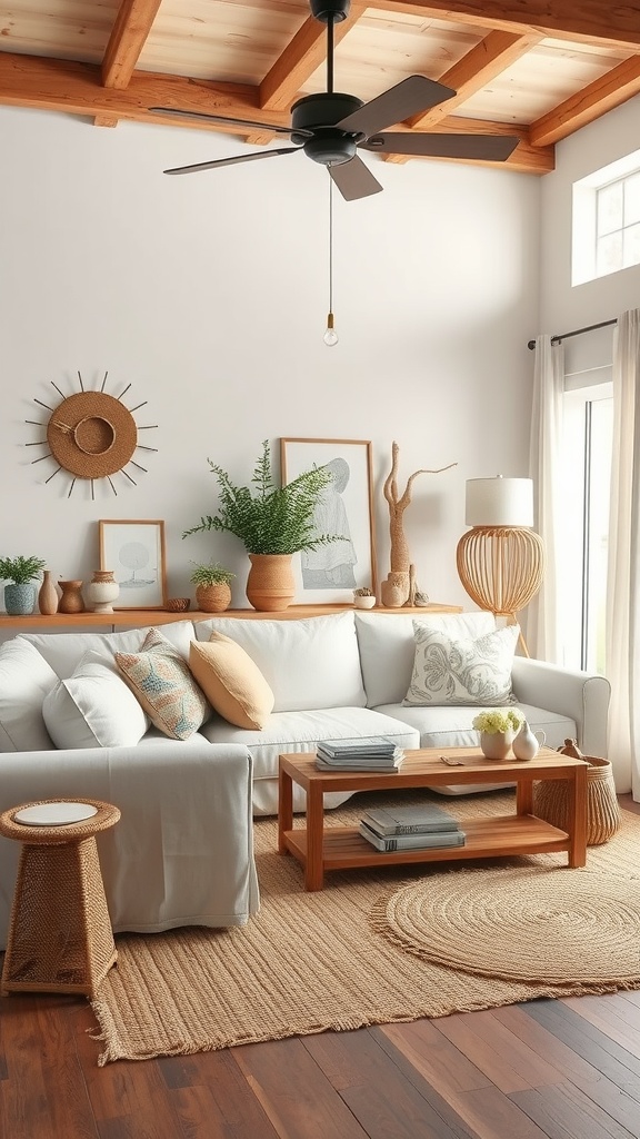 A coastal chic living room featuring natural textures and materials.