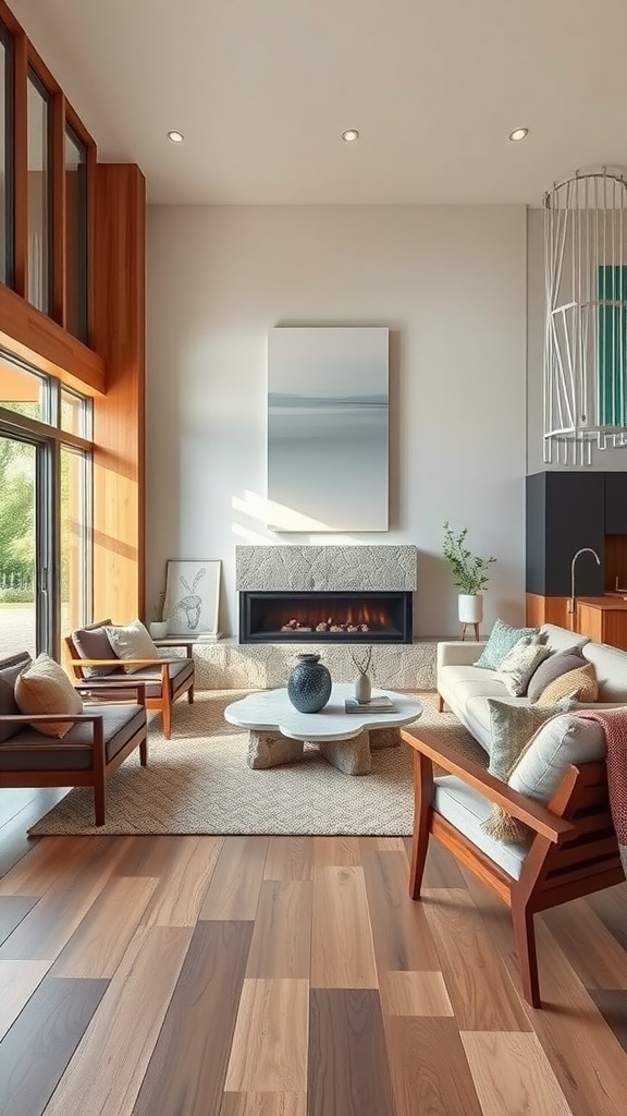 A modern living room featuring natural textures, wooden furniture, and a cozy atmosphere.