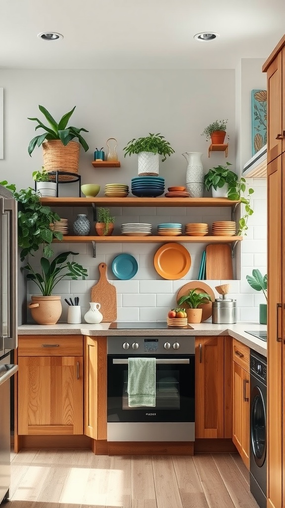 A cozy boho kitchen featuring natural wood accents, open shelving with colorful dishes, and greenery.