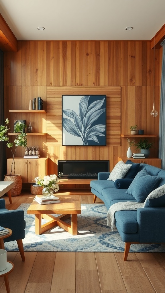 A cozy living room featuring blue furniture and natural wood accents on the walls and furniture.