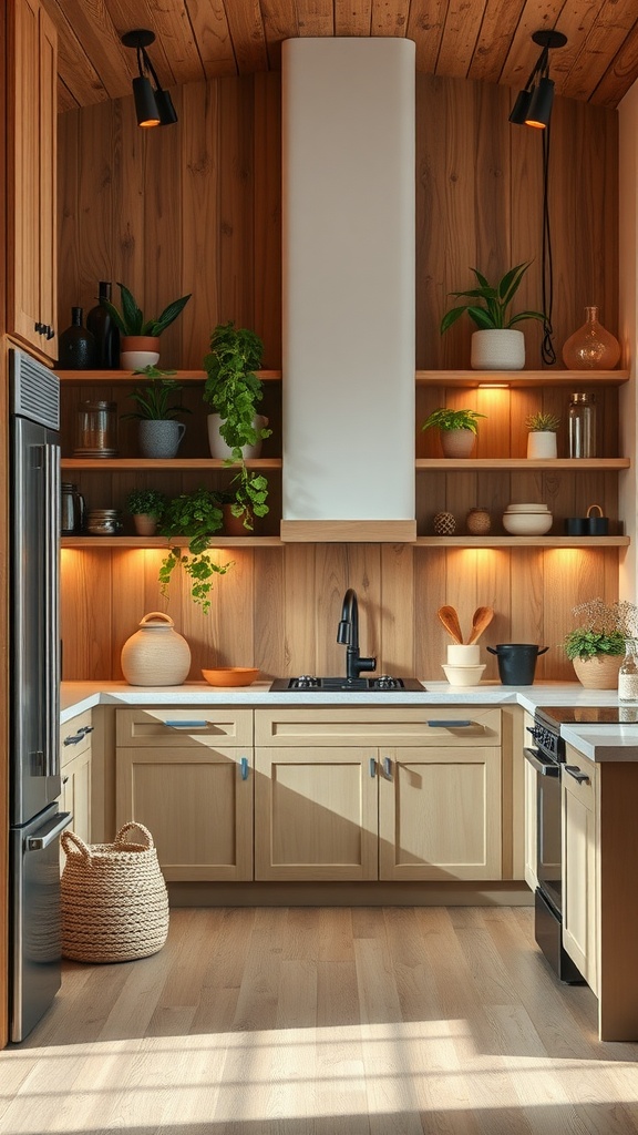 A cozy boho kitchen featuring natural wood accents, plants, and warm lighting.