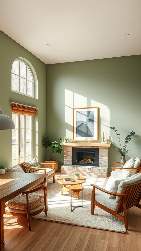 A cozy living room featuring sage green walls, wooden furniture, and a fireplace.