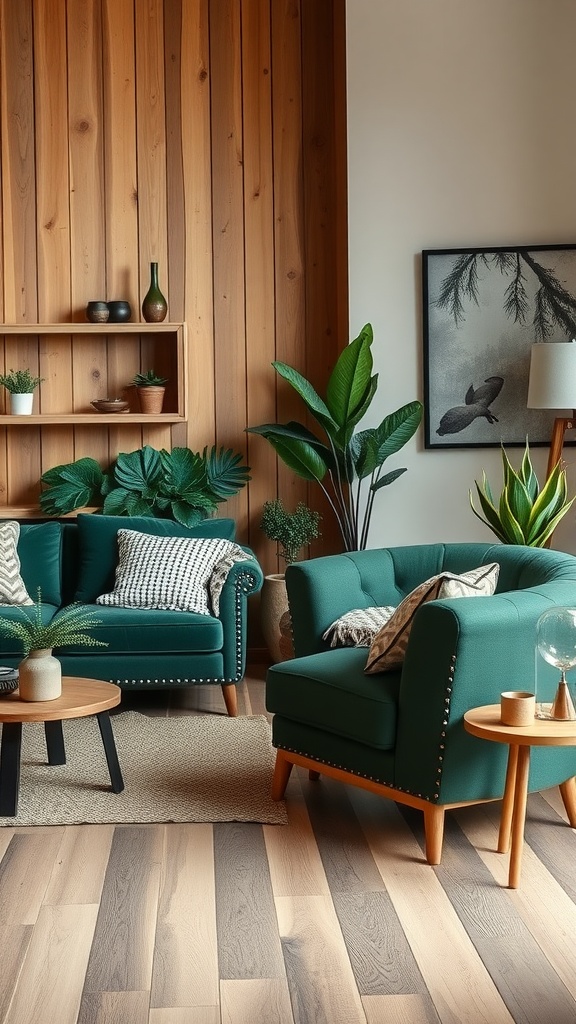 A cozy living room with forest green sofas, a wooden wall, plants, and natural wood flooring.