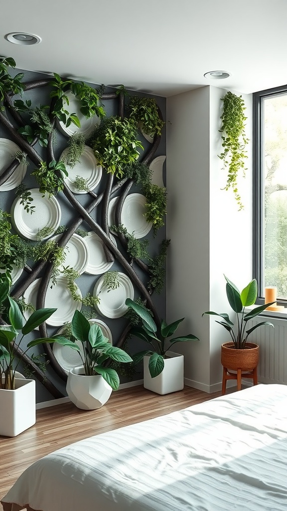 Bedroom featuring nature-inspired 3D wall panels with greenery and modern decor.