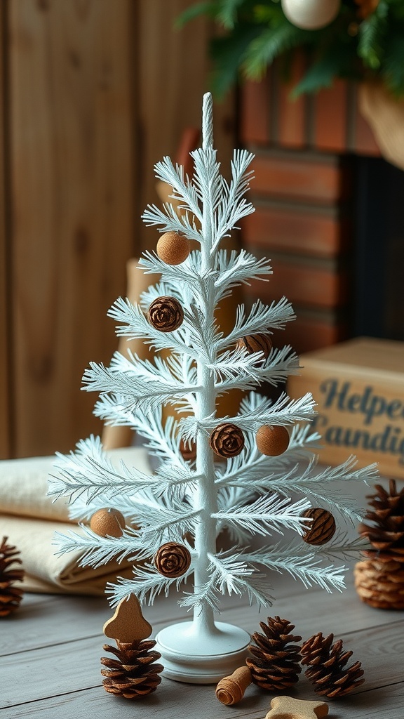 A mini white Christmas tree decorated with pine cones and brown ornaments.