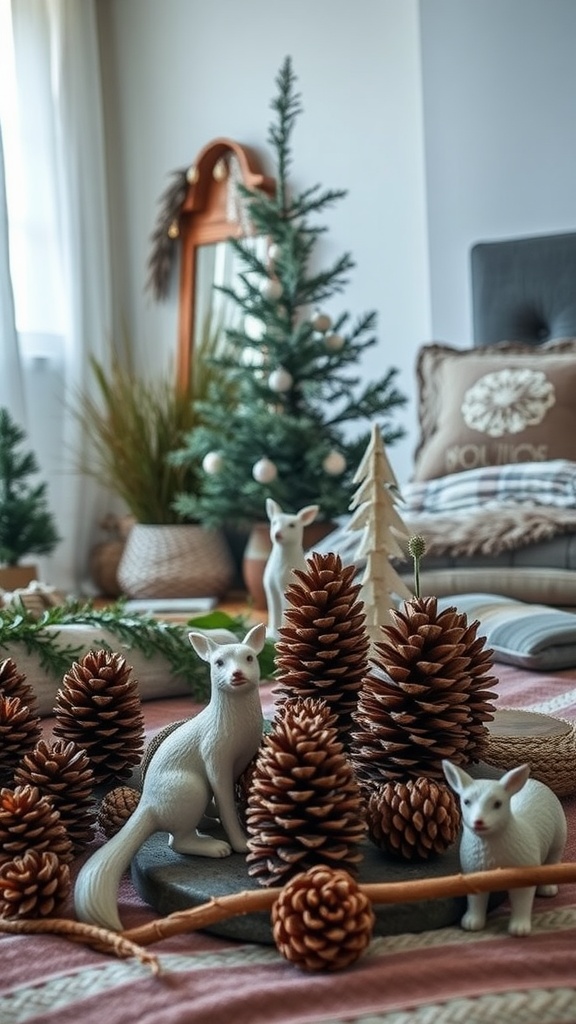 A cozy bedroom featuring nature-inspired accessories like white fox figurines, pinecones, and an artificial Christmas tree.