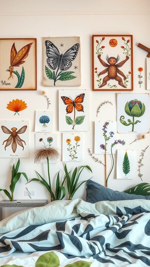 A cozy bedroom with nature-inspired artwork on the wall, featuring butterfly and floral prints.