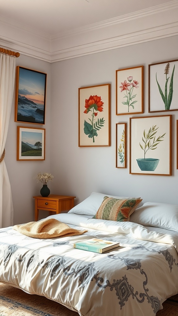 A cozy bedroom featuring nature-inspired artwork, with framed botanical prints on the wall and a neatly made bed.