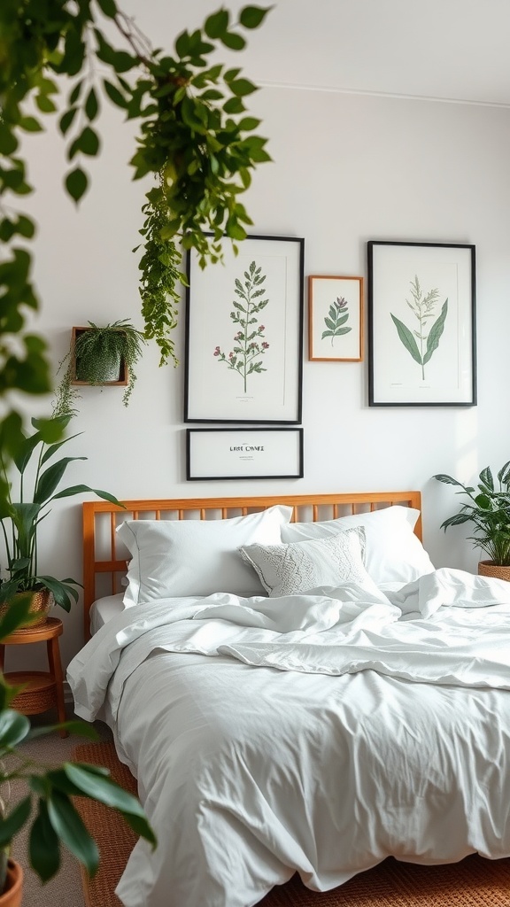 A cozy bedroom with botanical prints on the wall, featuring a wooden bed and leafy plants.