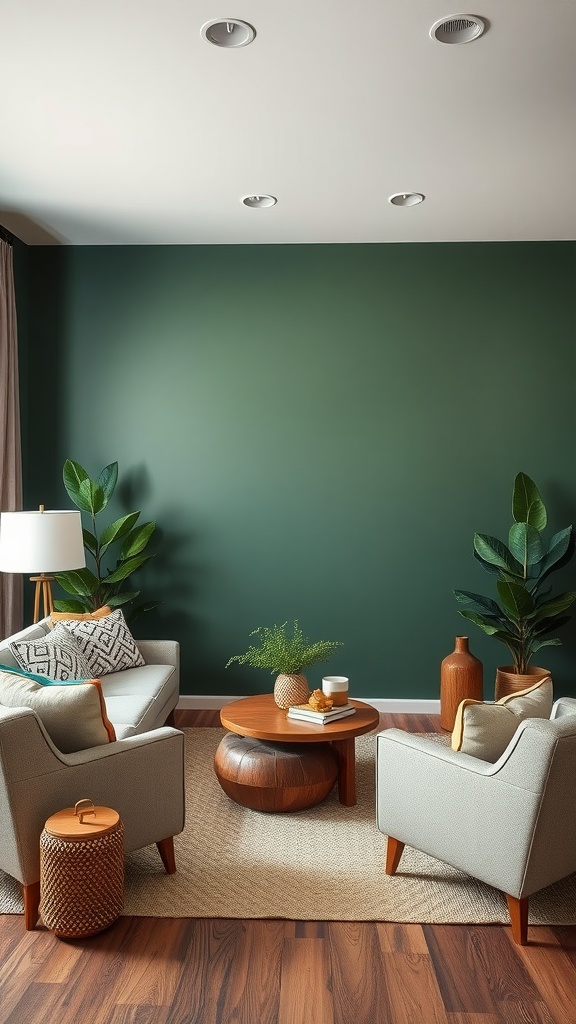 A cozy living room featuring a deep forest green wall, light grey chairs, wooden furniture, and indoor plants.