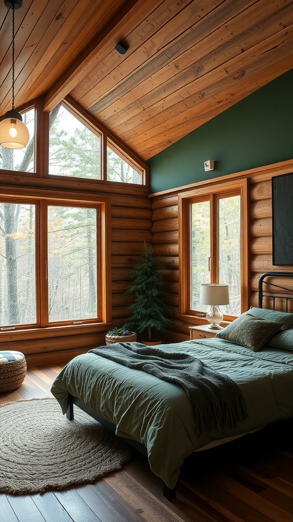 A cozy cabin bedroom featuring wood walls, a green accent wall, and nature-inspired decor.