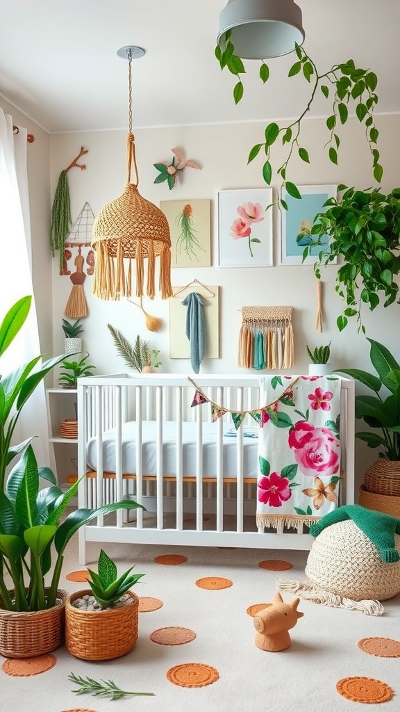 A colorful kids nursery with nature-inspired decor, featuring plants, botanical prints, and a cozy crib.