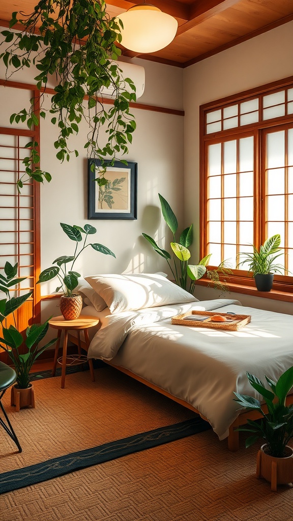 A serene Japanese-inspired bedroom featuring plants, wooden furniture, and warm lighting.