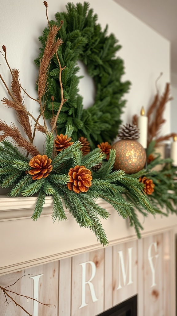 A beautifully decorated Christmas mantel featuring a green wreath, pine cones, and golden accents.