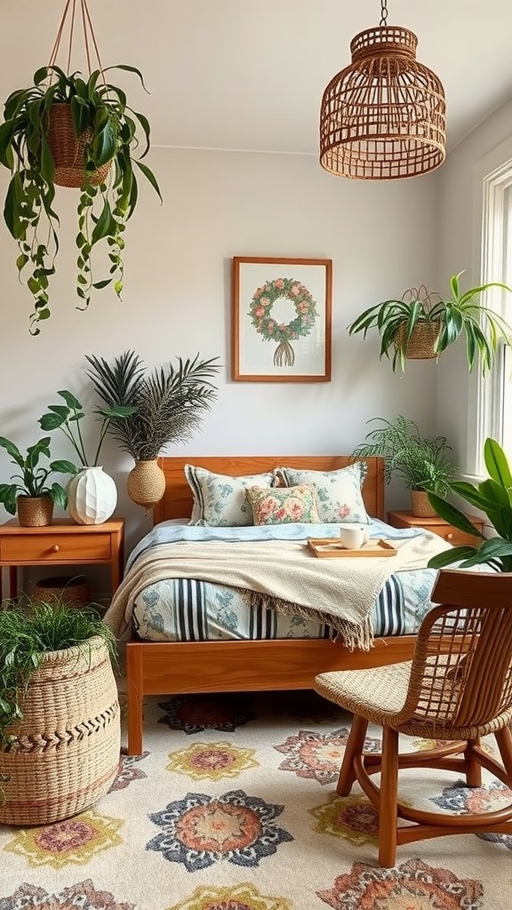 A cozy fairycore bedroom featuring wooden furniture, plants, and nature-inspired decor.