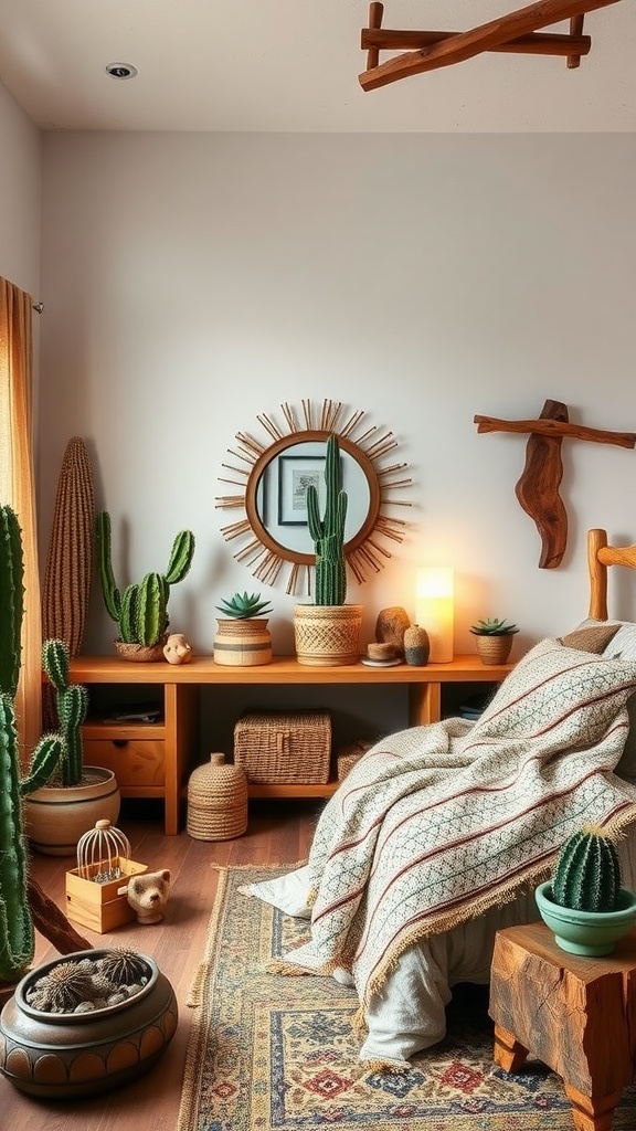 A cozy southwestern bedroom featuring cacti, wooden furniture, and warm textiles.