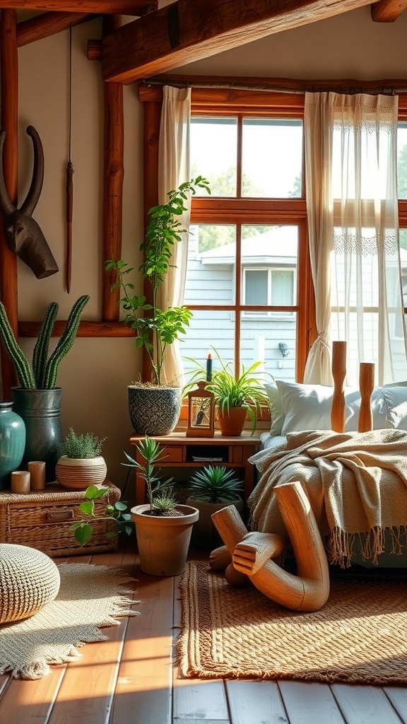 Cozy Western bedroom with plants, wooden furniture, and natural decor elements.