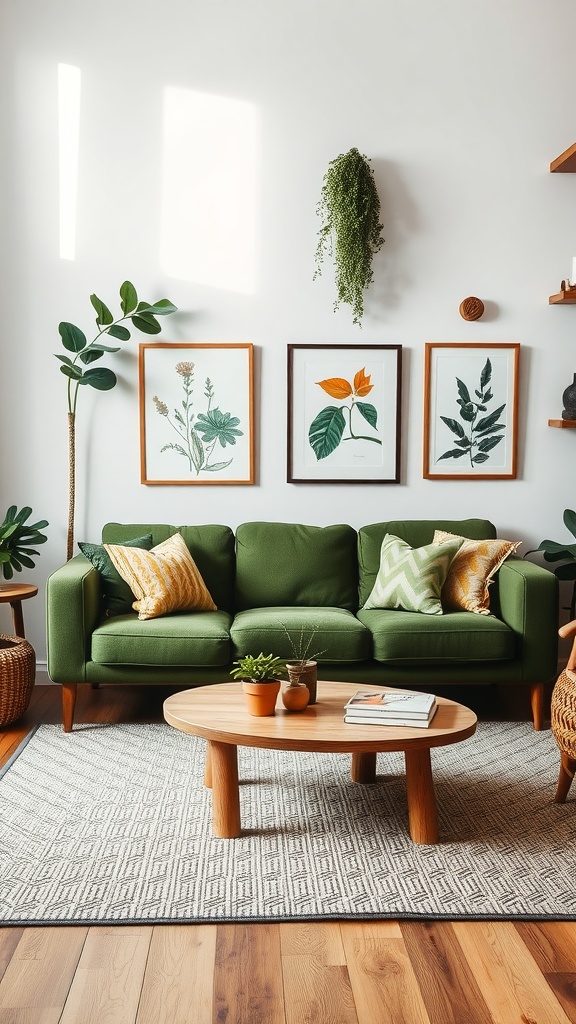 Living room with a green couch, potted plants, and nature-themed decor