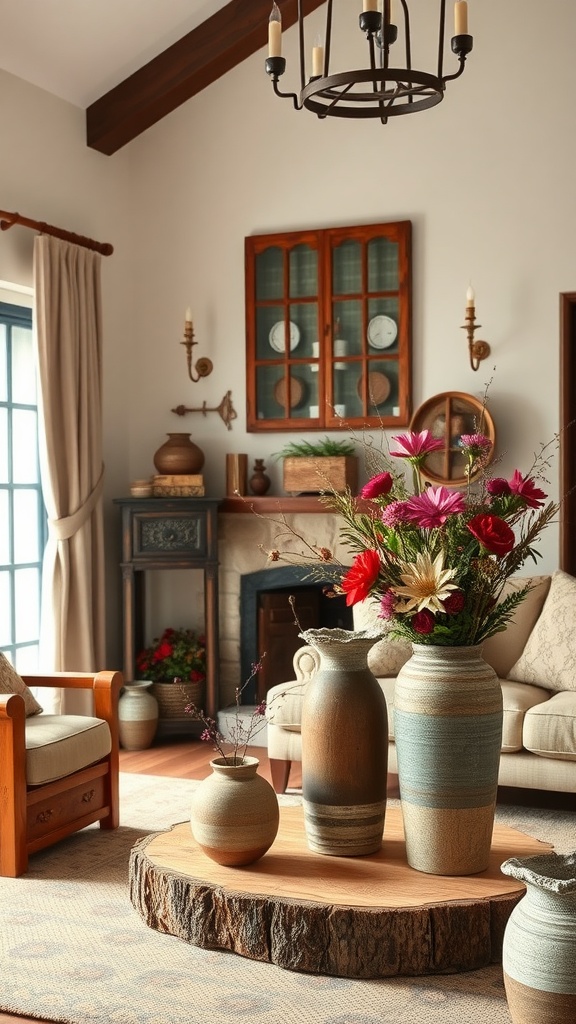 A cozy colonial living room with nature-inspired decor, featuring vases, a wooden table, and warm furnishings.