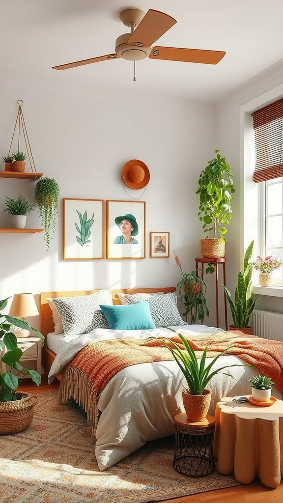 A cozy bedroom with nature-inspired elements, featuring plants, warm colors, and natural textures.