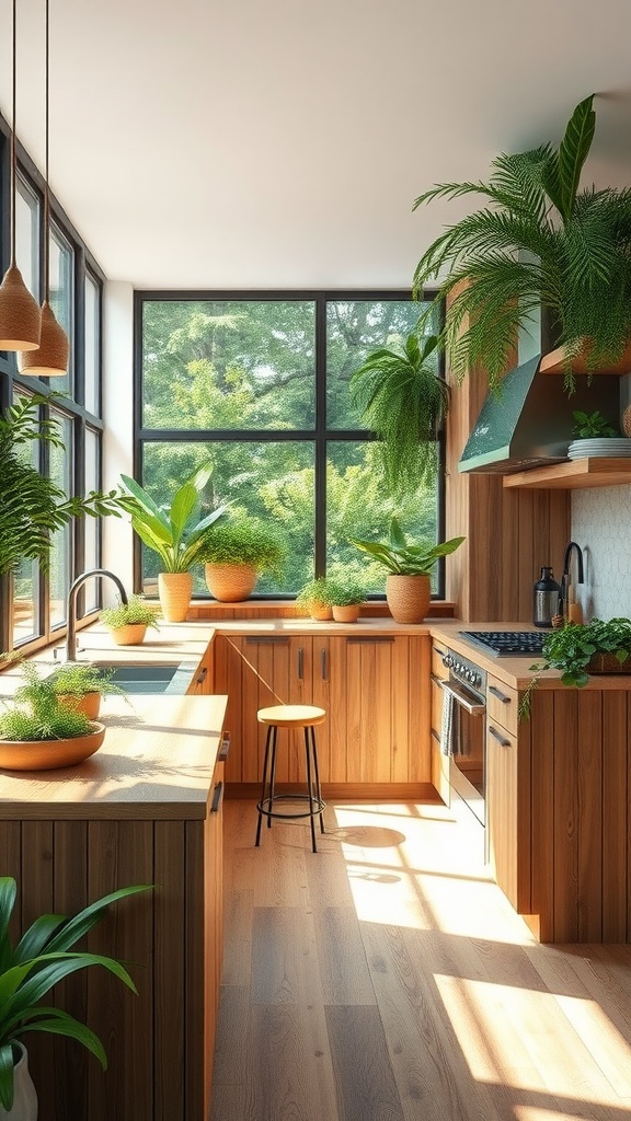 A bright kitchen featuring wooden cabinets, large windows, and various indoor plants.