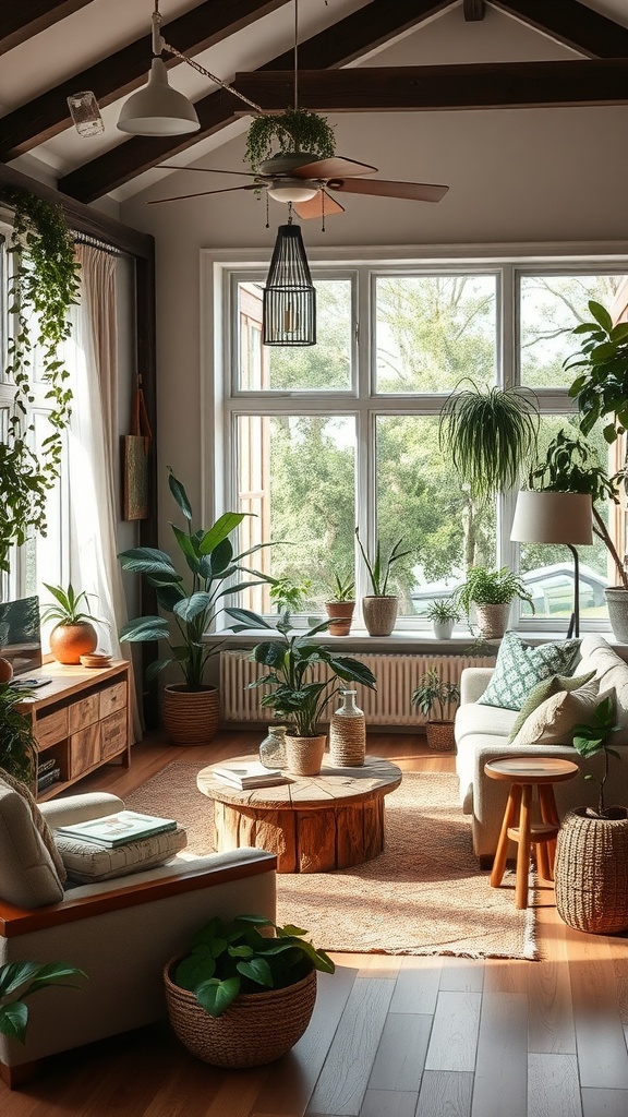 A cozy living room with large windows, plants, natural light, and wooden decor.