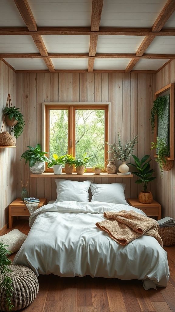 Cozy bedroom with wooden walls, a large window, and various indoor plants.