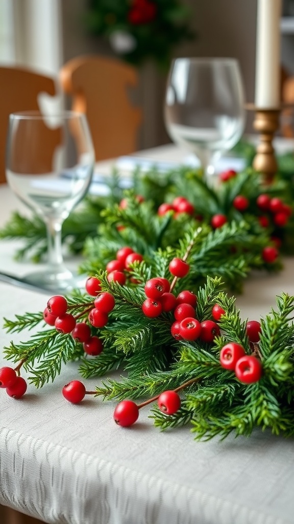 A beautifully decorated table with a Christmas garland made of evergreen sprigs and red berries.