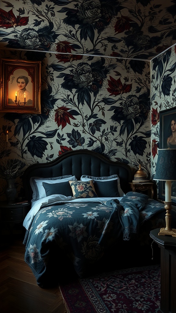 A Gothic bedroom featuring dark floral wallpaper, a cozy bed with a patterned throw, vintage portraits, and candlelight.