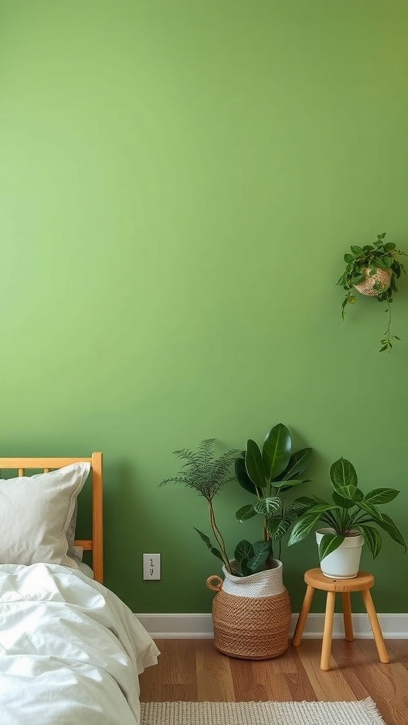 A cozy bedroom with green walls, a wooden bed frame, and various plants.