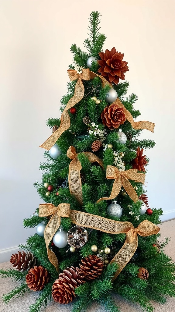 A Christmas tree decorated with nature-inspired jute and floral ribbons, featuring pinecones and ornaments.