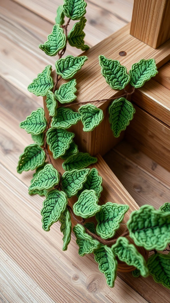 Crocheted green leaves forming a garland on wooden surface