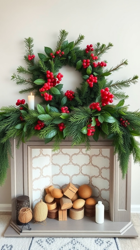 A nature-inspired Christmas mantel with fresh greens, red berries, a wreath, and decorative logs.